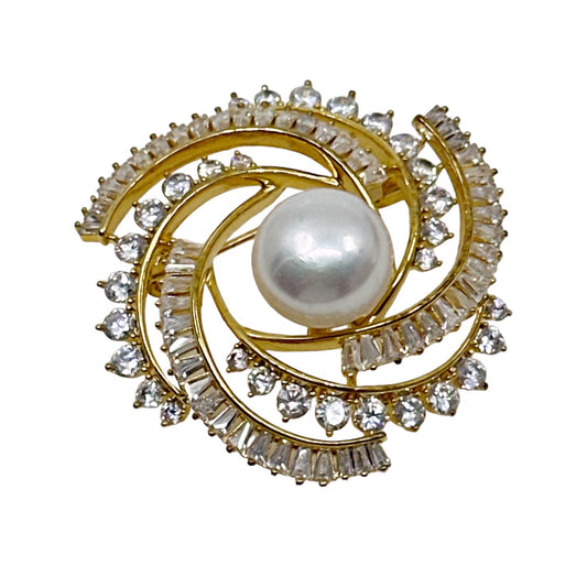 Gold Filled 12.5mm freshwater pearl & cubic zirconia brooch