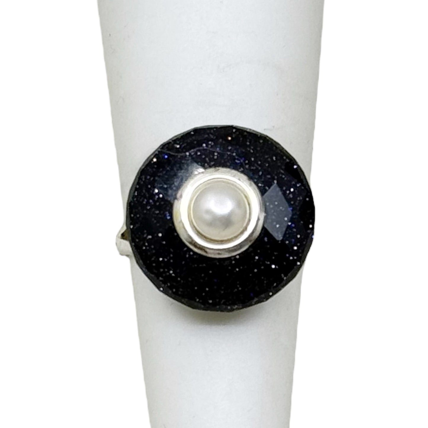 PK sterling silver blue Goldstone & pearl ring - GM408