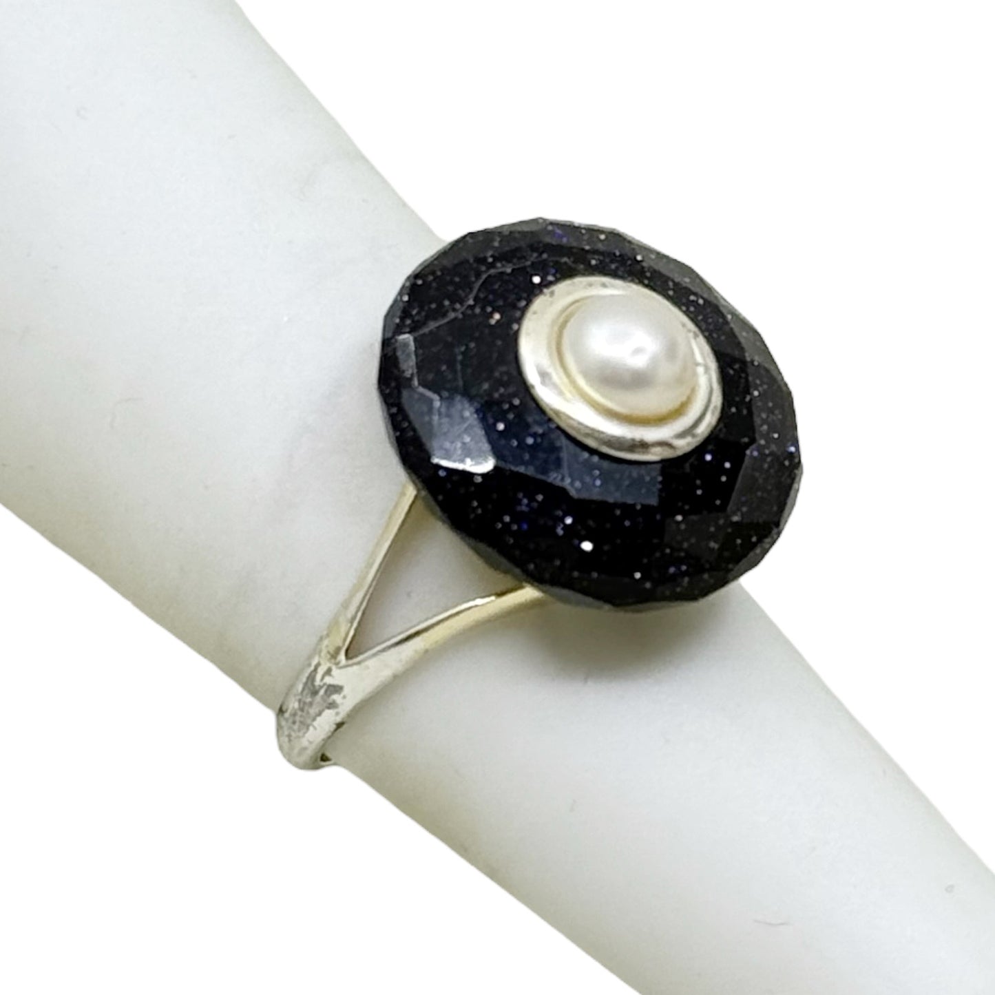 PK sterling silver blue Goldstone & pearl ring - GM408