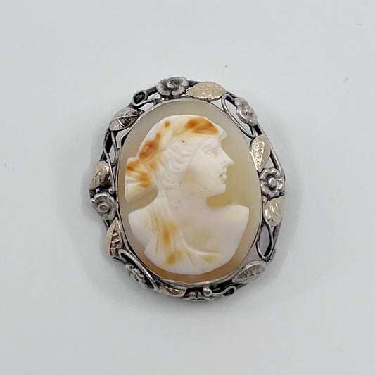 Art nouveau sterling silver shell cameo brooch