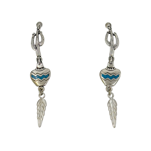 Southwestern silver tone cactus pottery feather dangle turquoise earrings