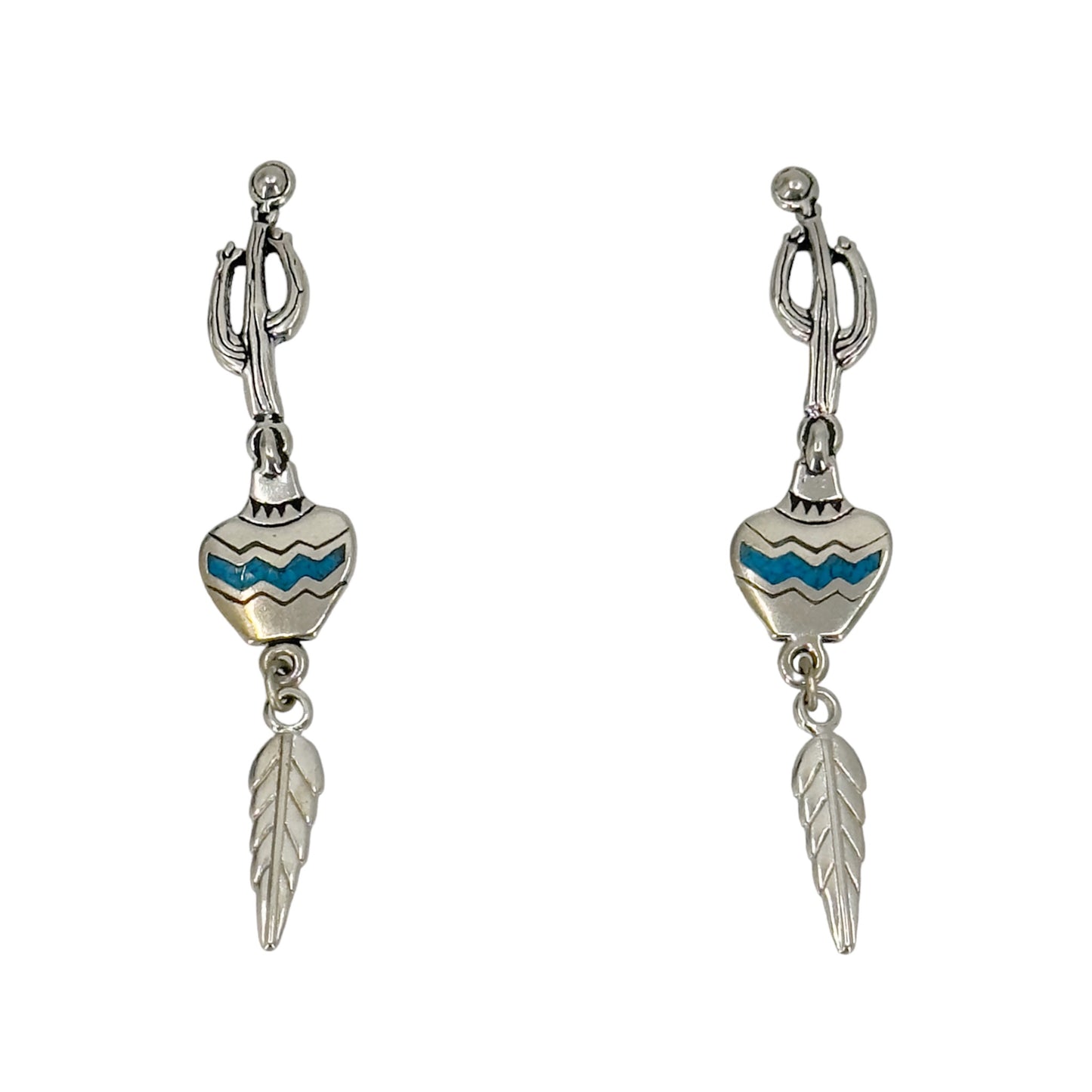 Southwestern silver tone cactus pottery feather dangle turquoise earrings