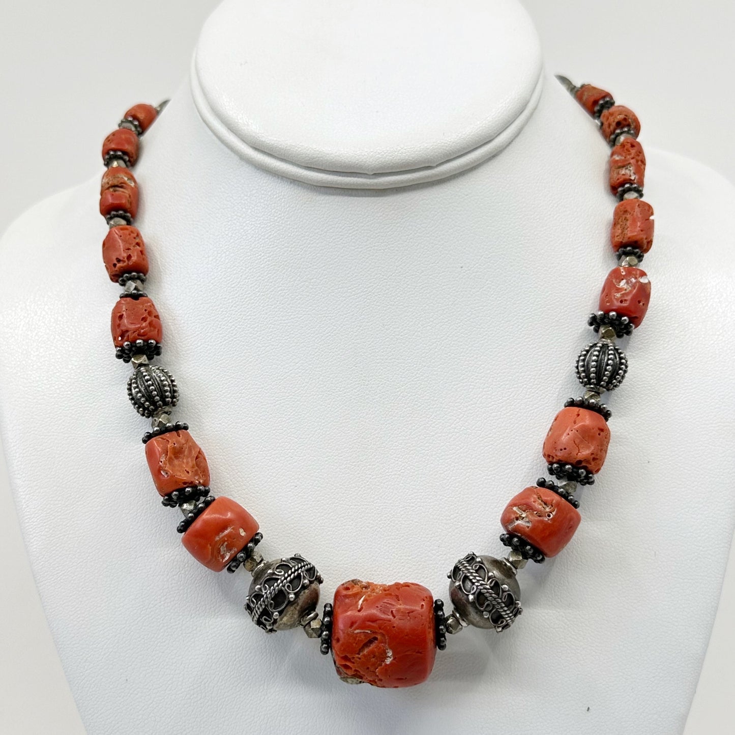 Tribal Sterling silver natural Mediterranean coral necklace