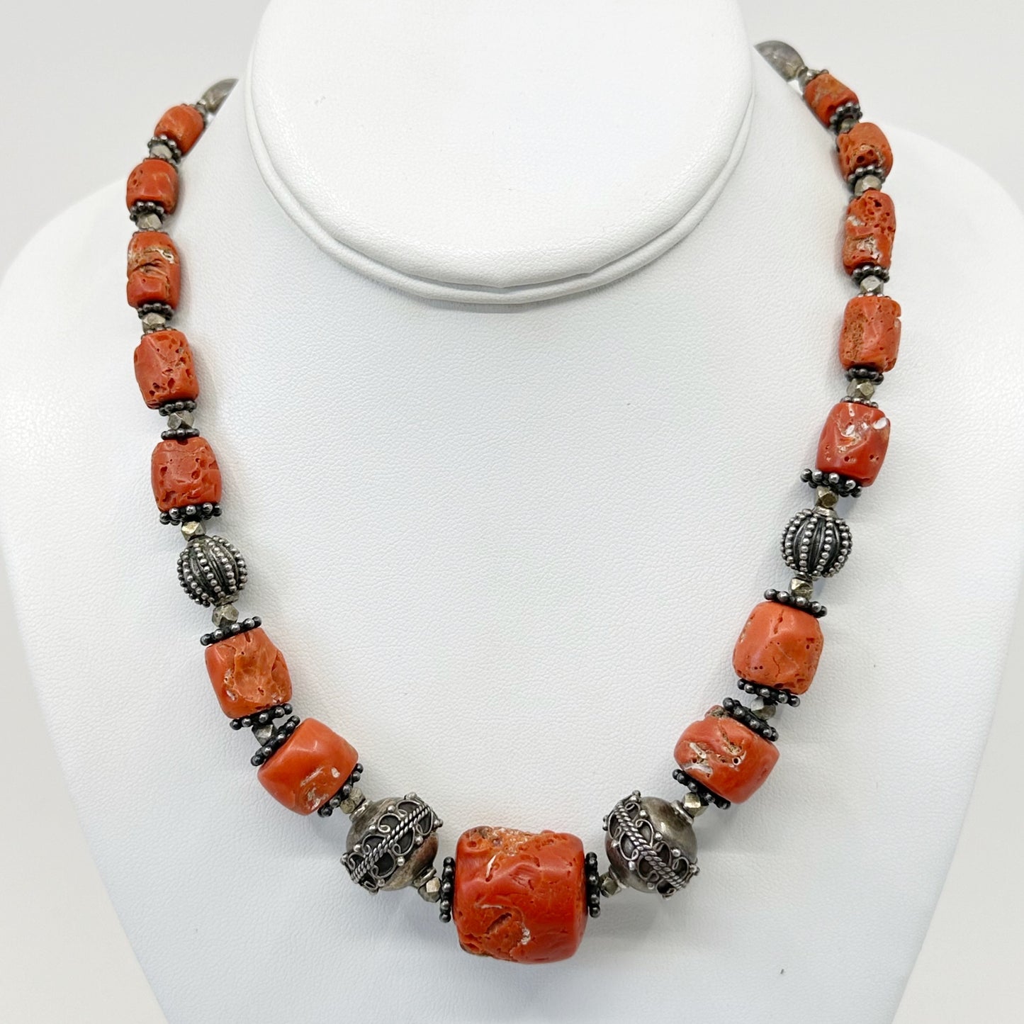 Tribal Sterling silver natural Mediterranean coral necklace