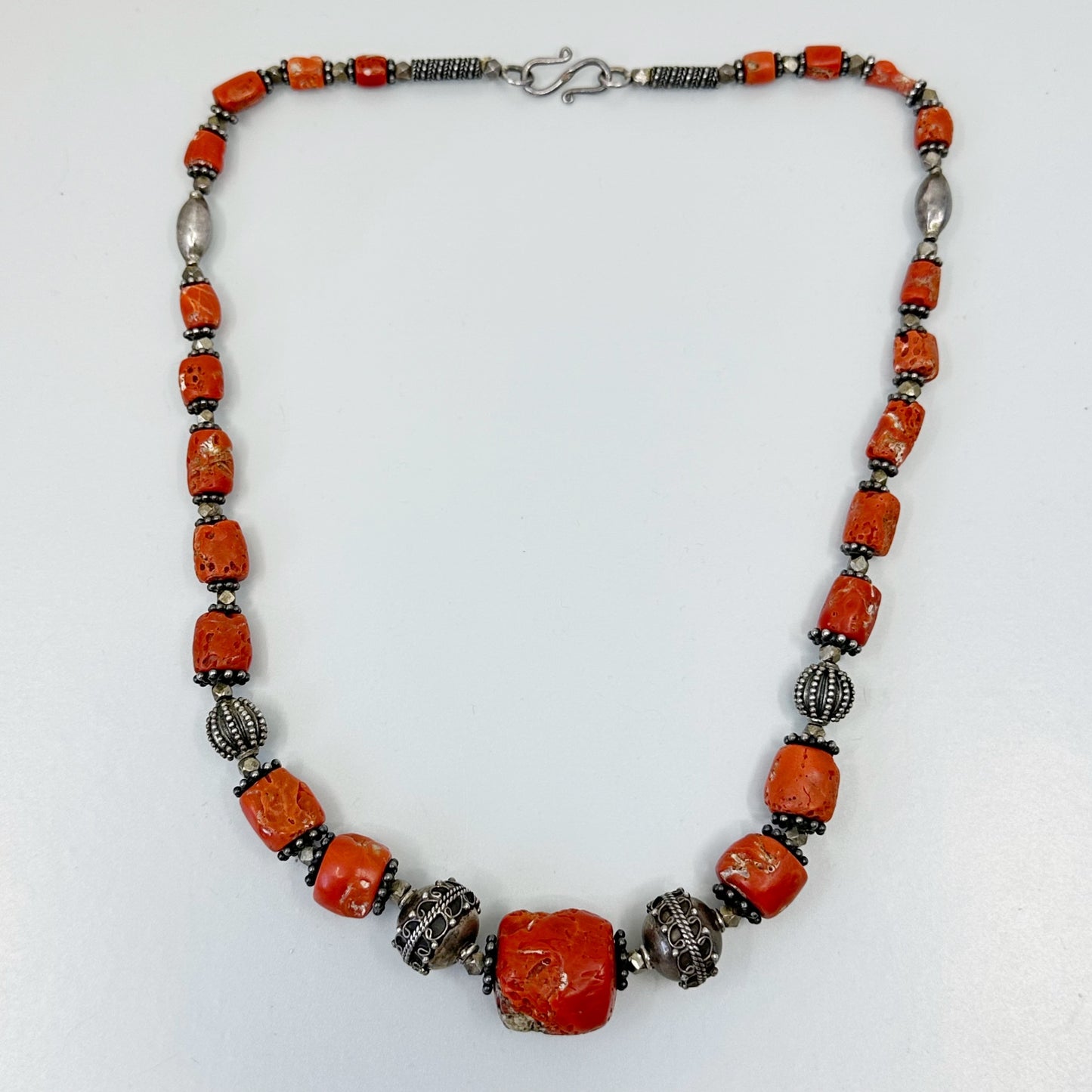 Tribal Sterling silver natural Mediterranean coral necklace