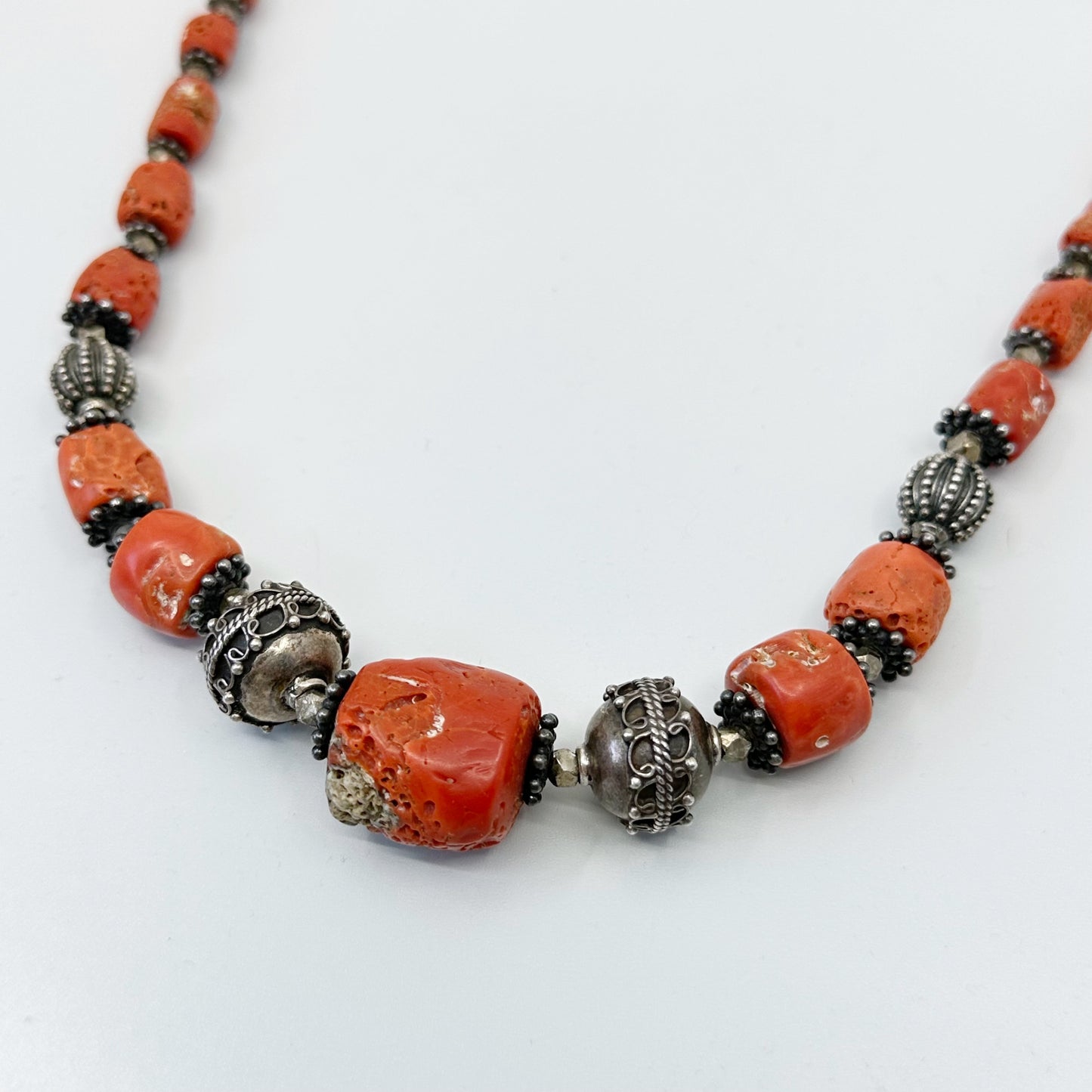 Tribal Sterling silver natural Mediterranean coral necklace