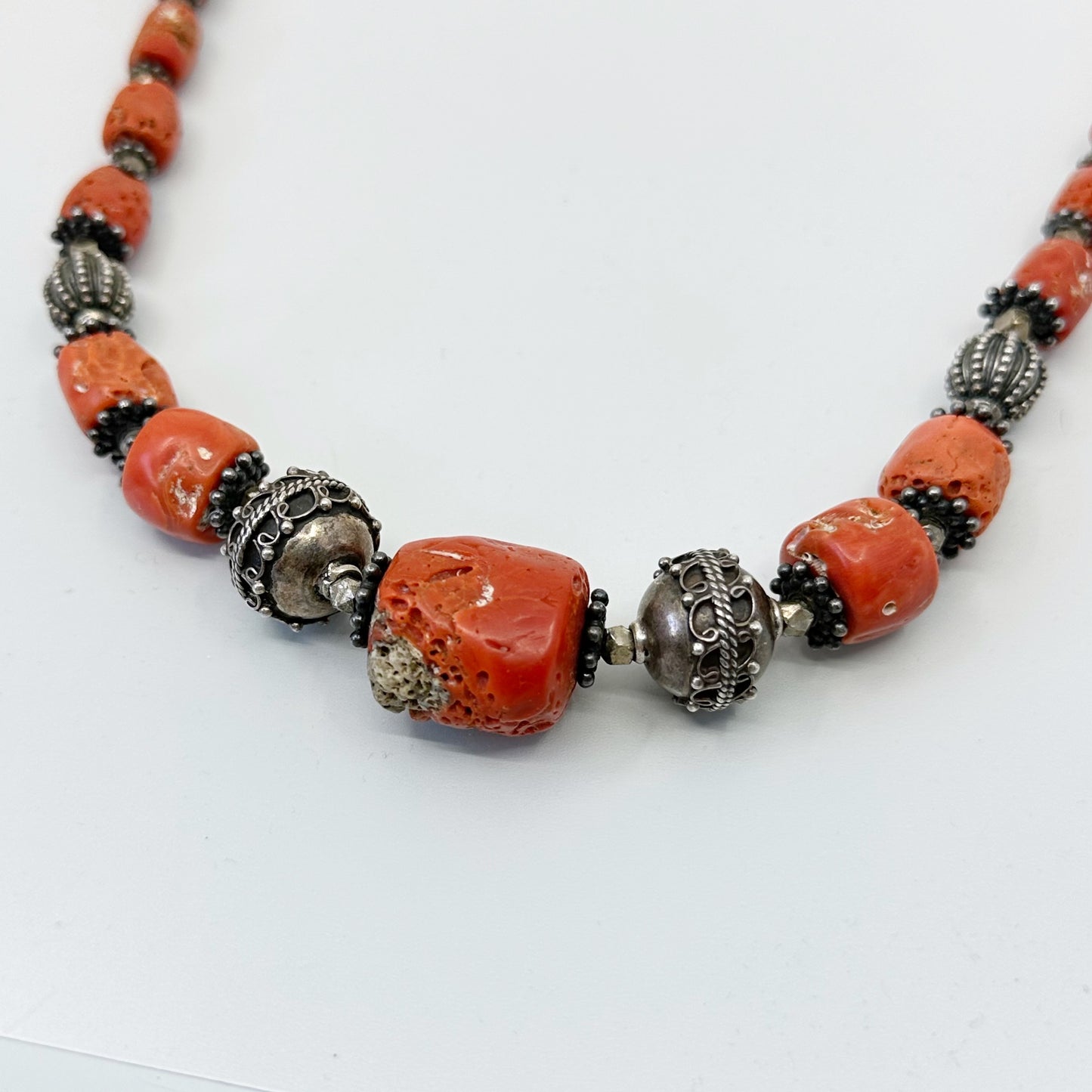 Tribal Sterling silver natural Mediterranean coral necklace