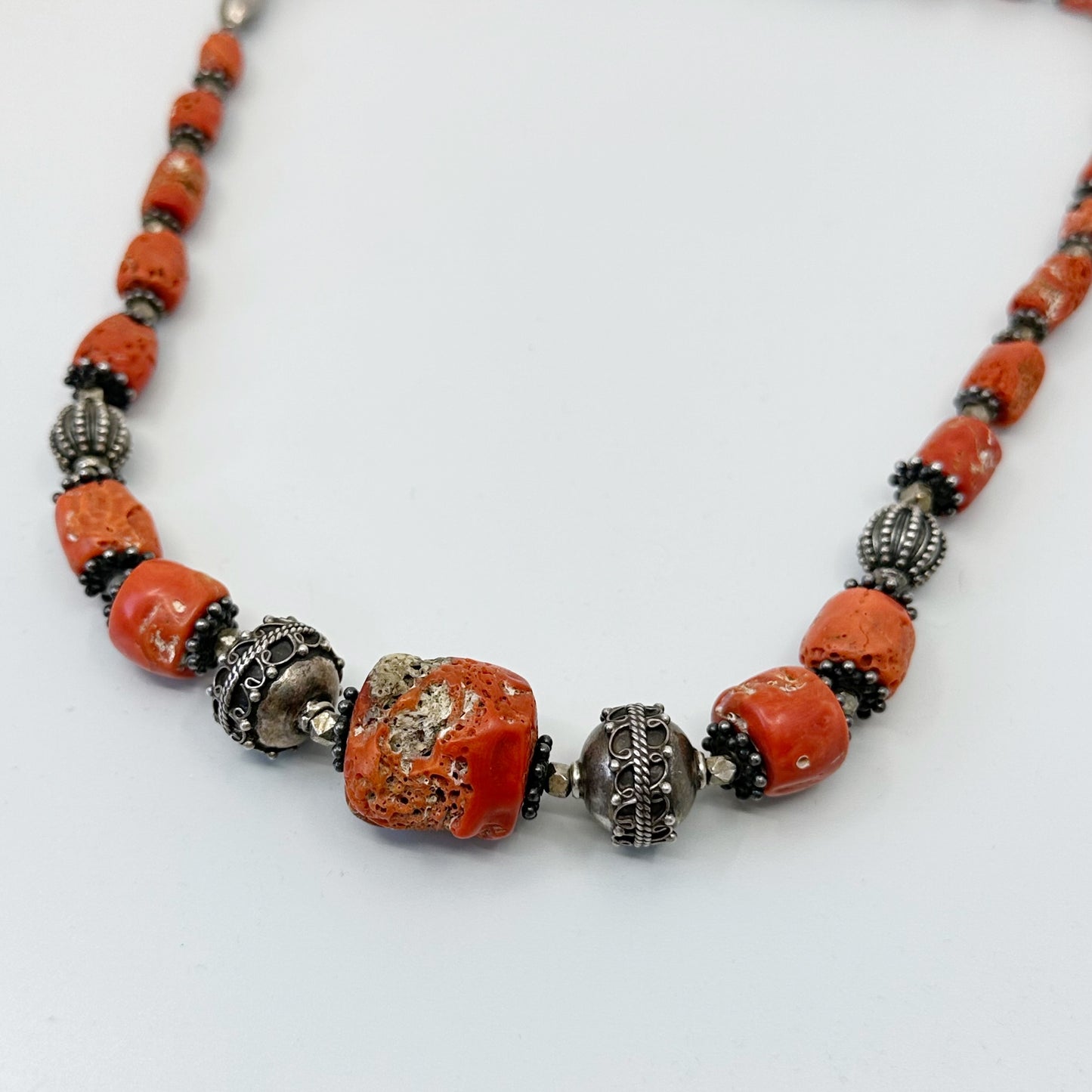 Tribal Sterling silver natural Mediterranean coral necklace