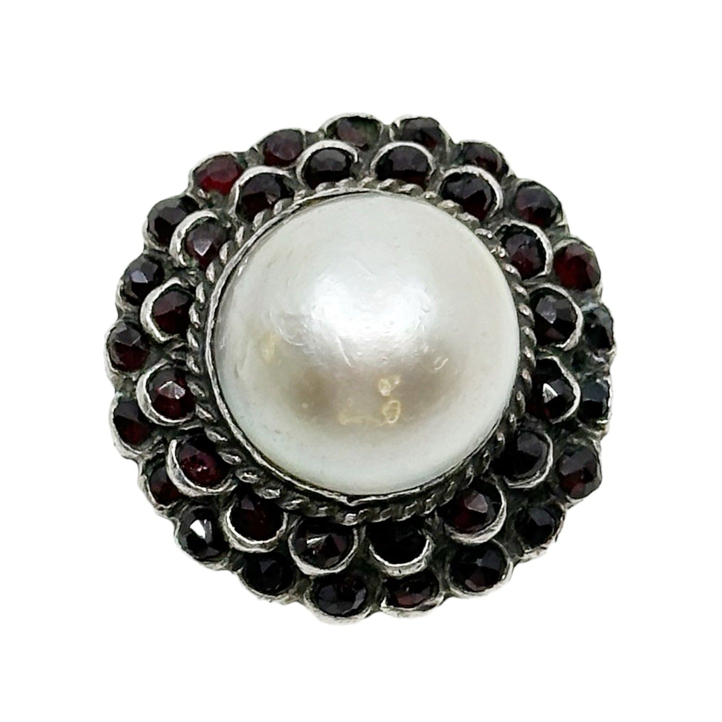 Vintage Sterling silver Mabe pearl & bohemian cut garnet ring