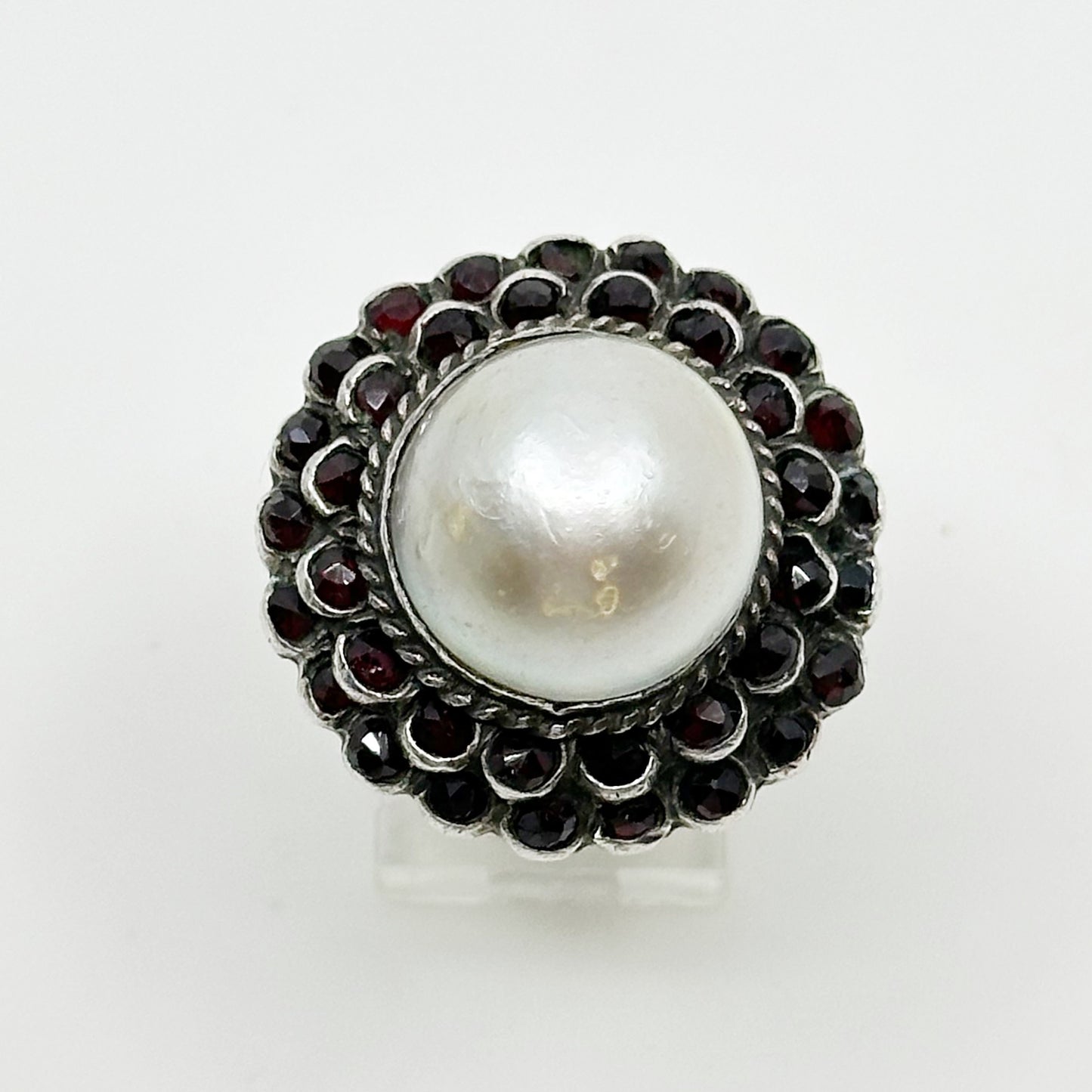 Vintage Sterling silver Mabe pearl & bohemian cut garnet ring