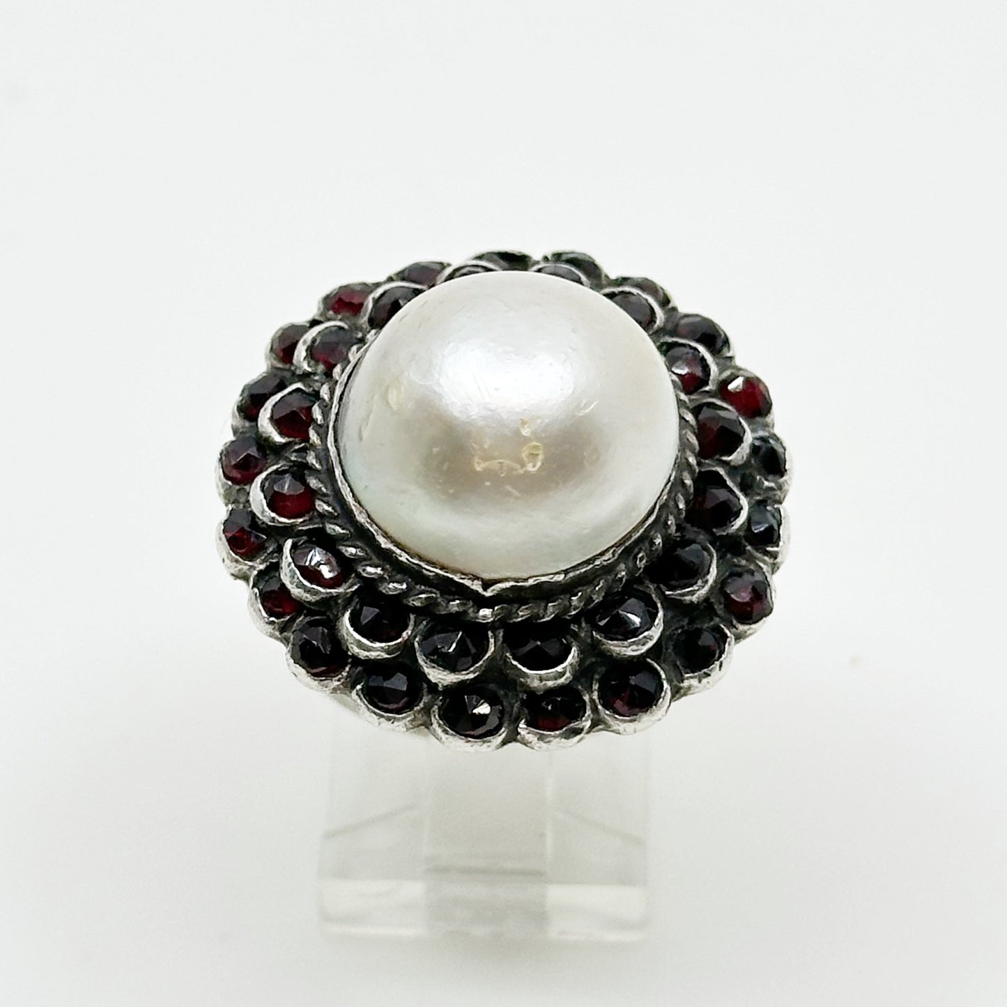 Vintage Sterling silver Mabe pearl & bohemian cut garnet ring