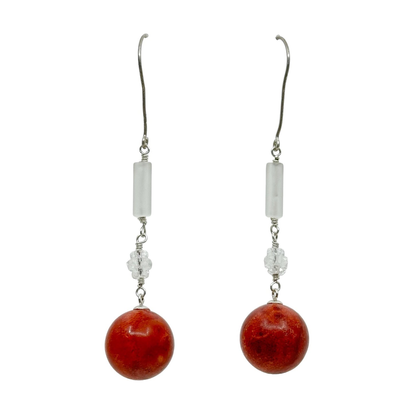 sterling silver rock crystal & coral bead drop earrings