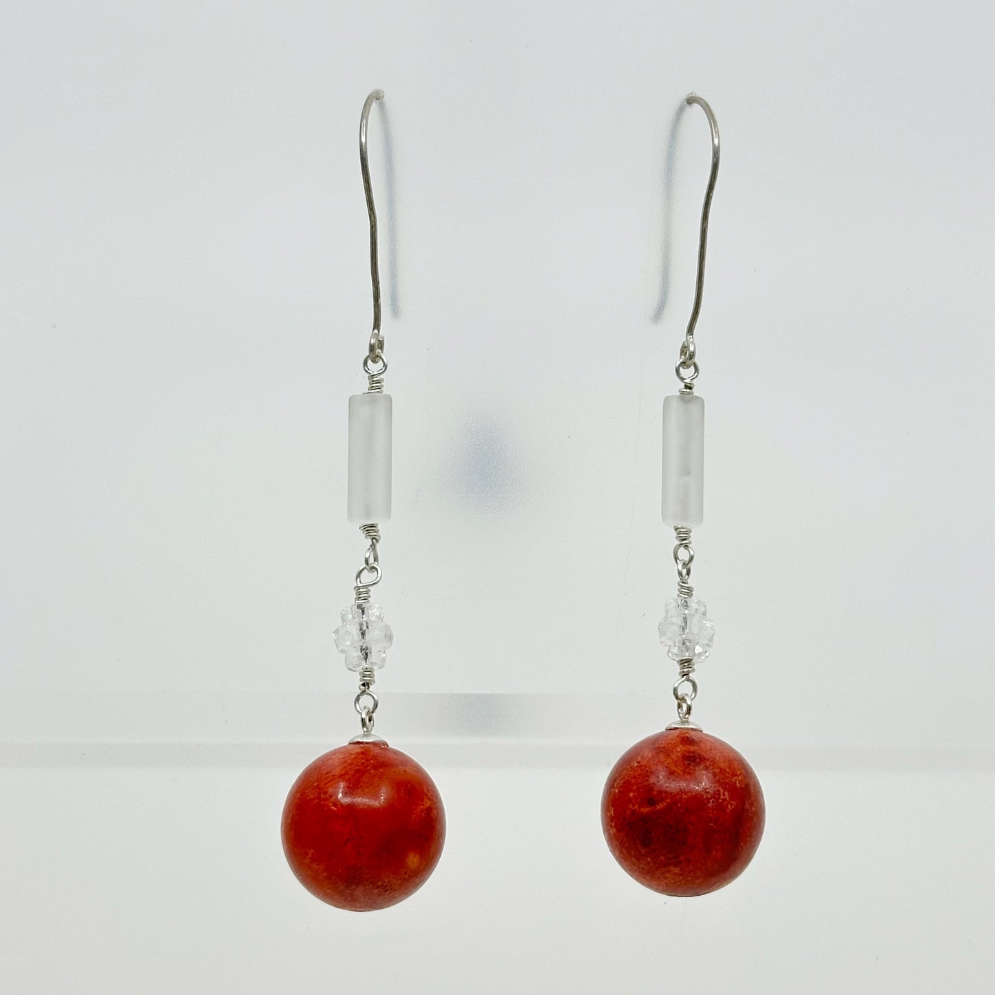 sterling silver rock crystal & coral bead drop earrings