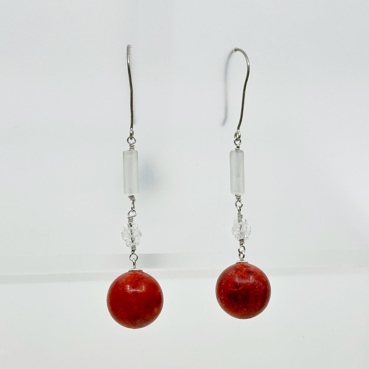 sterling silver rock crystal & coral bead drop earrings