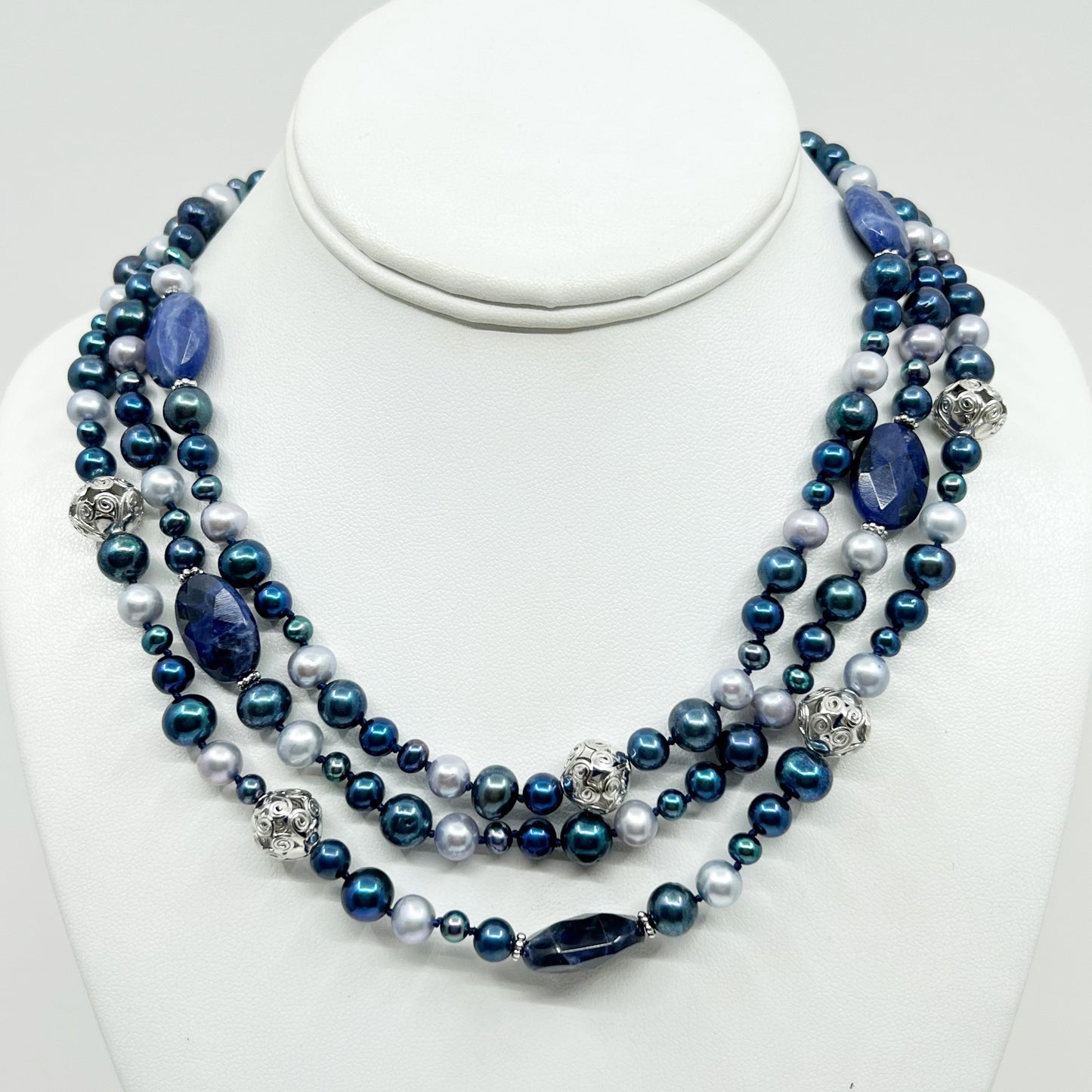 sterling silver pearl & sodalite bead necklace