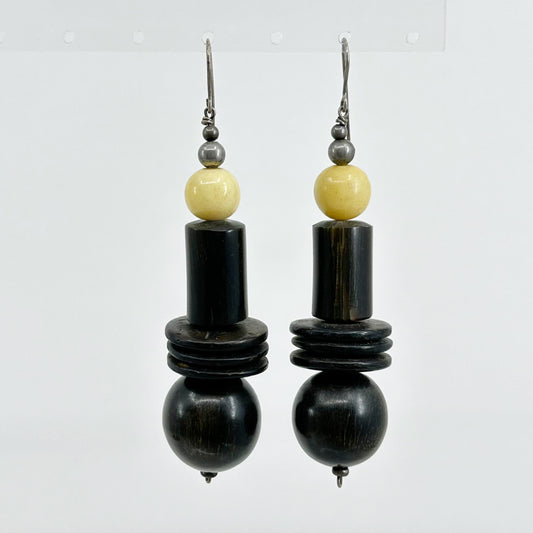 Vintage sterling silver Ebony wood & bone bead earrings