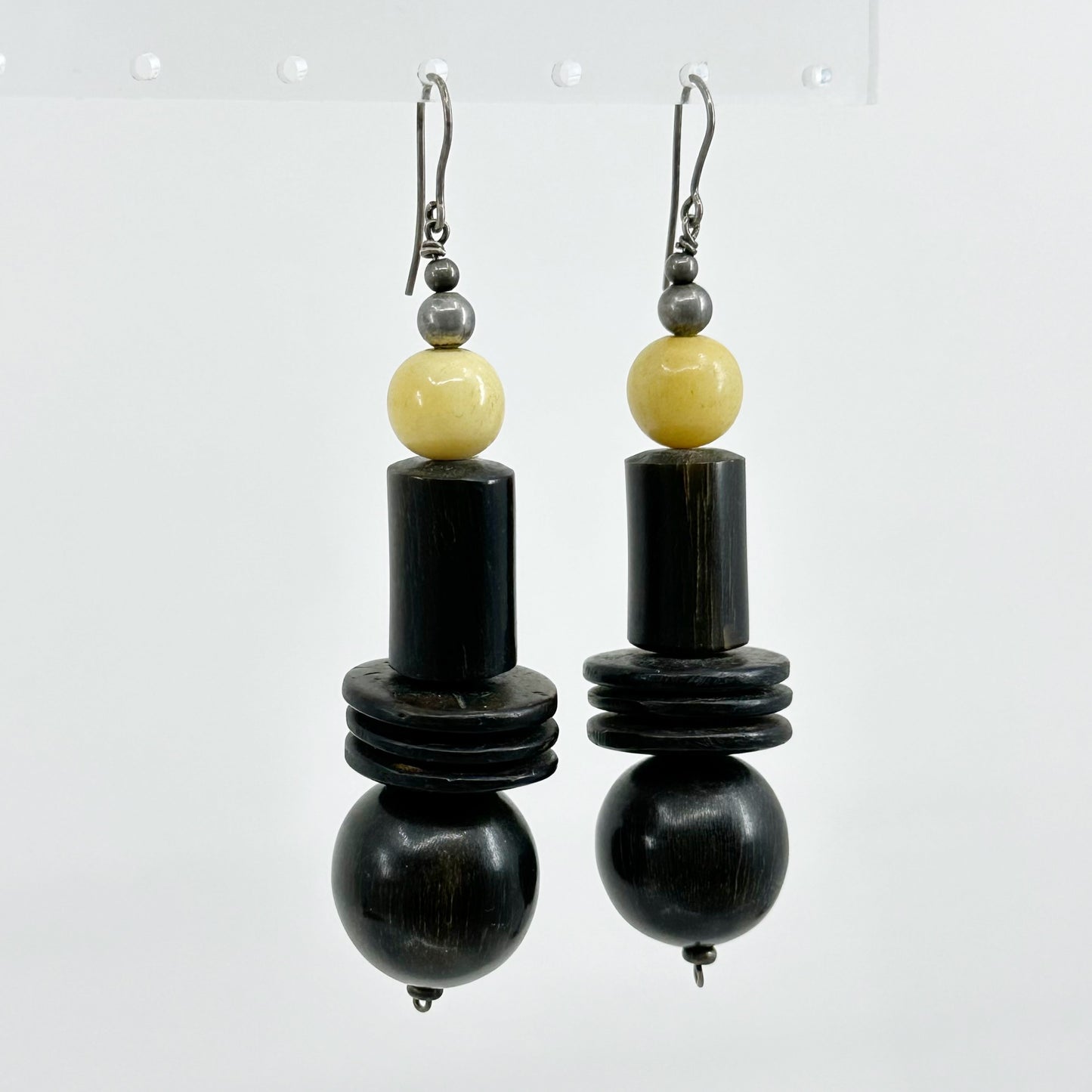 Vintage sterling silver Ebony wood & bone bead earrings