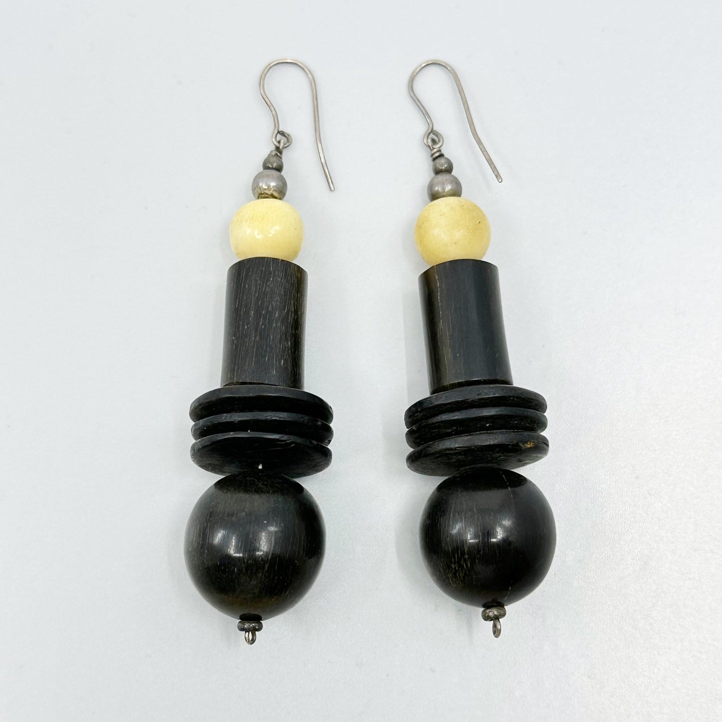 Vintage sterling silver Ebony wood & bone bead earrings