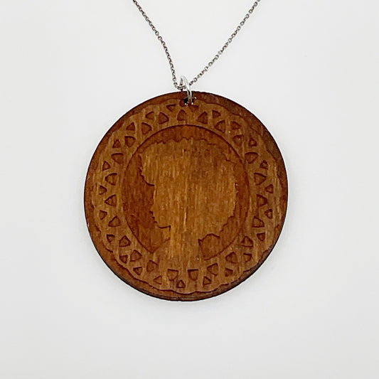 Sterling silver carved wood women profile pendant