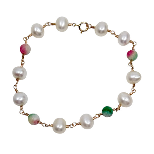 Hand Made 14k gold filled Pearl watermelon tourmaline  bracelet